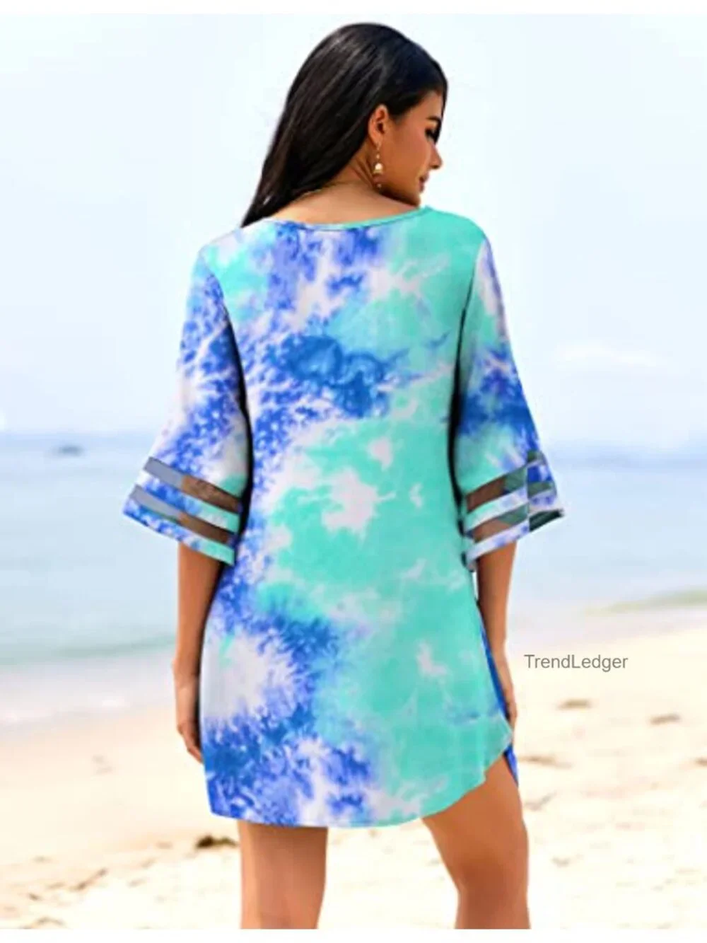 Women's Swimsuit Cover Up 3/4 Bell Sleeve Deep V-Neck Beach Dress Lightweight